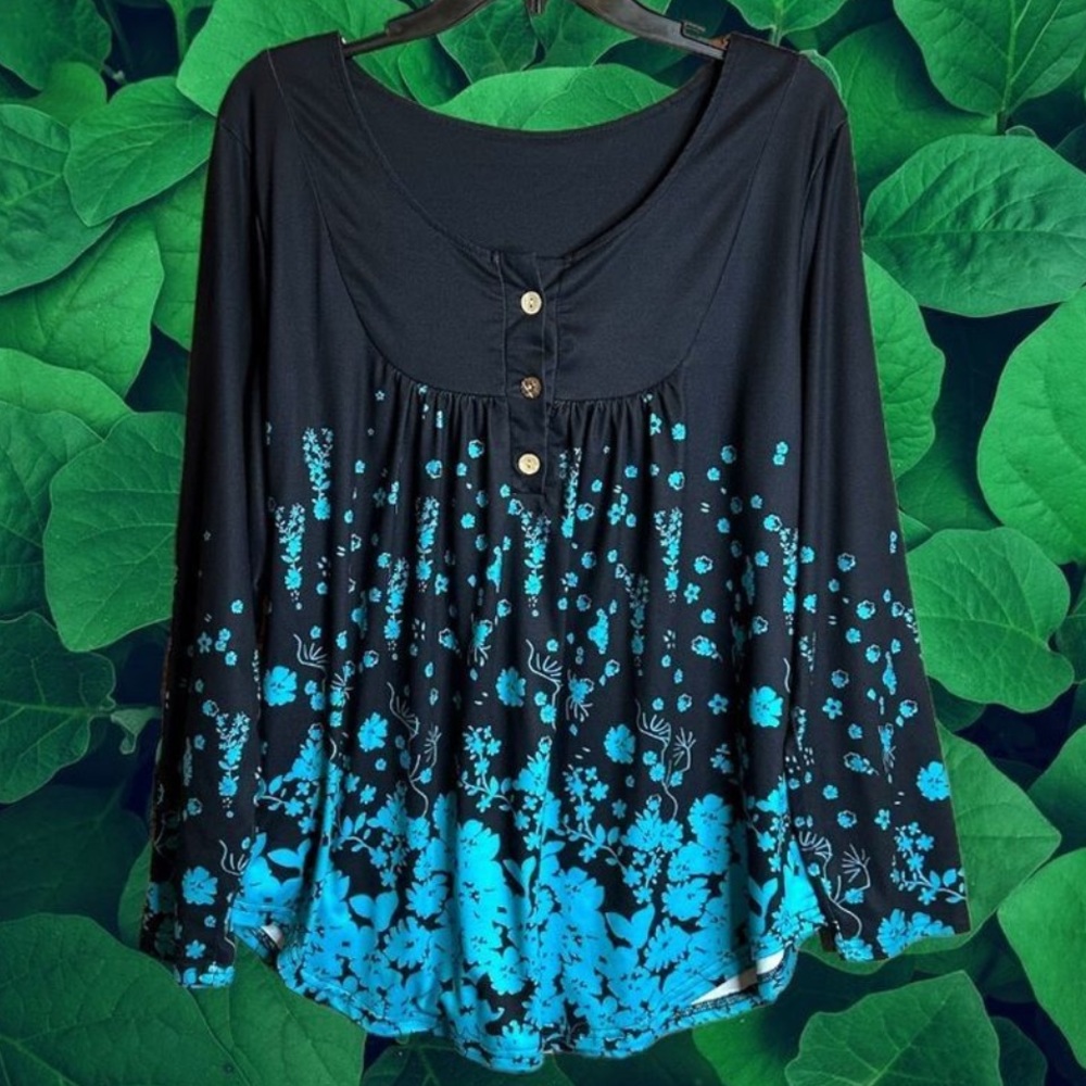 XL Blue Floral Black Peplum Long Sleeve Blouse